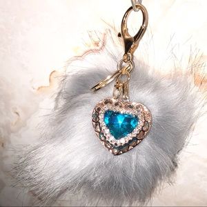 Faux Fur PomPom w/ Rhinestone Heart pendant Keychain